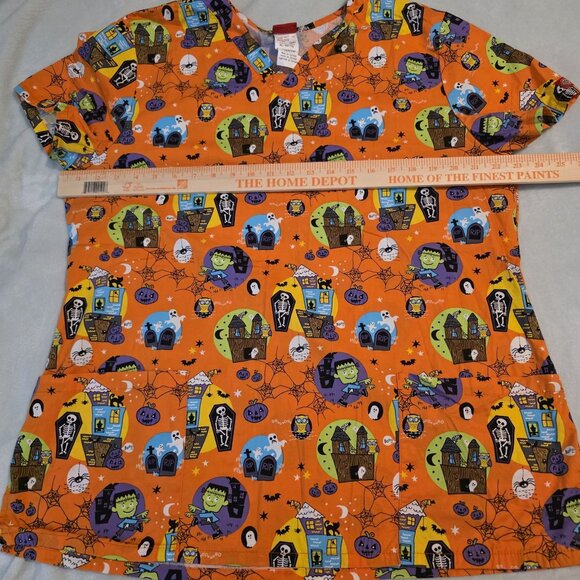 Halloween Dickies Womens Scrub Top XL Pumpkin Frankenstein Ghost Haunted House - Picture 8 of 15